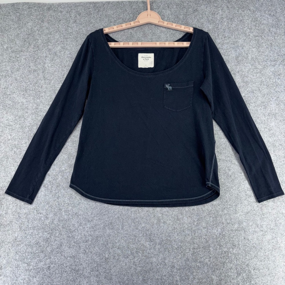 VTG Abercrombie & Fitch Women Navy Blue Long Sleeve Scoop Neck Pocket Tee Size M